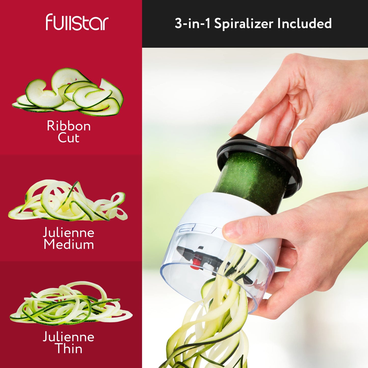 Fullstar All-in-1 Vegetable Chopper, Mandoline Slicer & Cheese Grater - French Fry Cutter & Veggie Dicer - Cheese Slicer - Includes Bonus Handheld Spiralizer (6 in 1, Black/White)