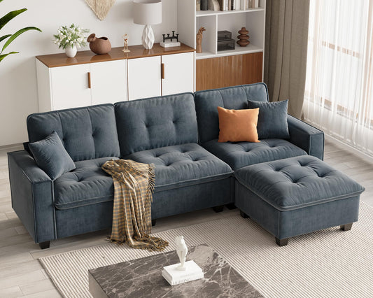 ELUCHANG L Shaped Sectional Sofa Couch, 100.4" Oversized Modern Convertible Sofa, Deep Seat Cloud Couch with Movable Ottoman for Living Room Chenille Dark Blue 3 Seat