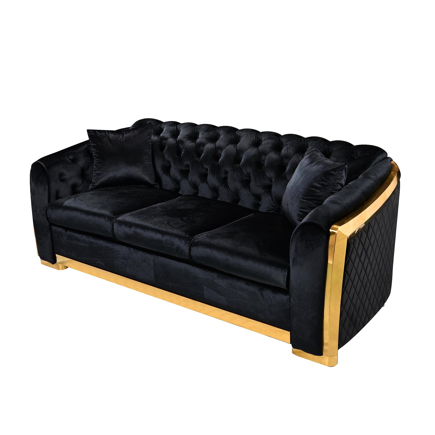 Velvet Luxury Chesterfield Sofa Set, 84 Inches Tufted 3 Seat Couch with Gold Stainless for Living Room, Black Fabric