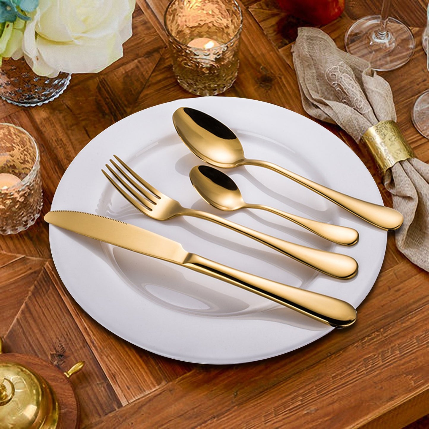 Flatware Set Gold Silverware Set with Pattern Mirror Polished 24 Pieces Cutlery Set Housewarming Wedding Gift, Service for 6