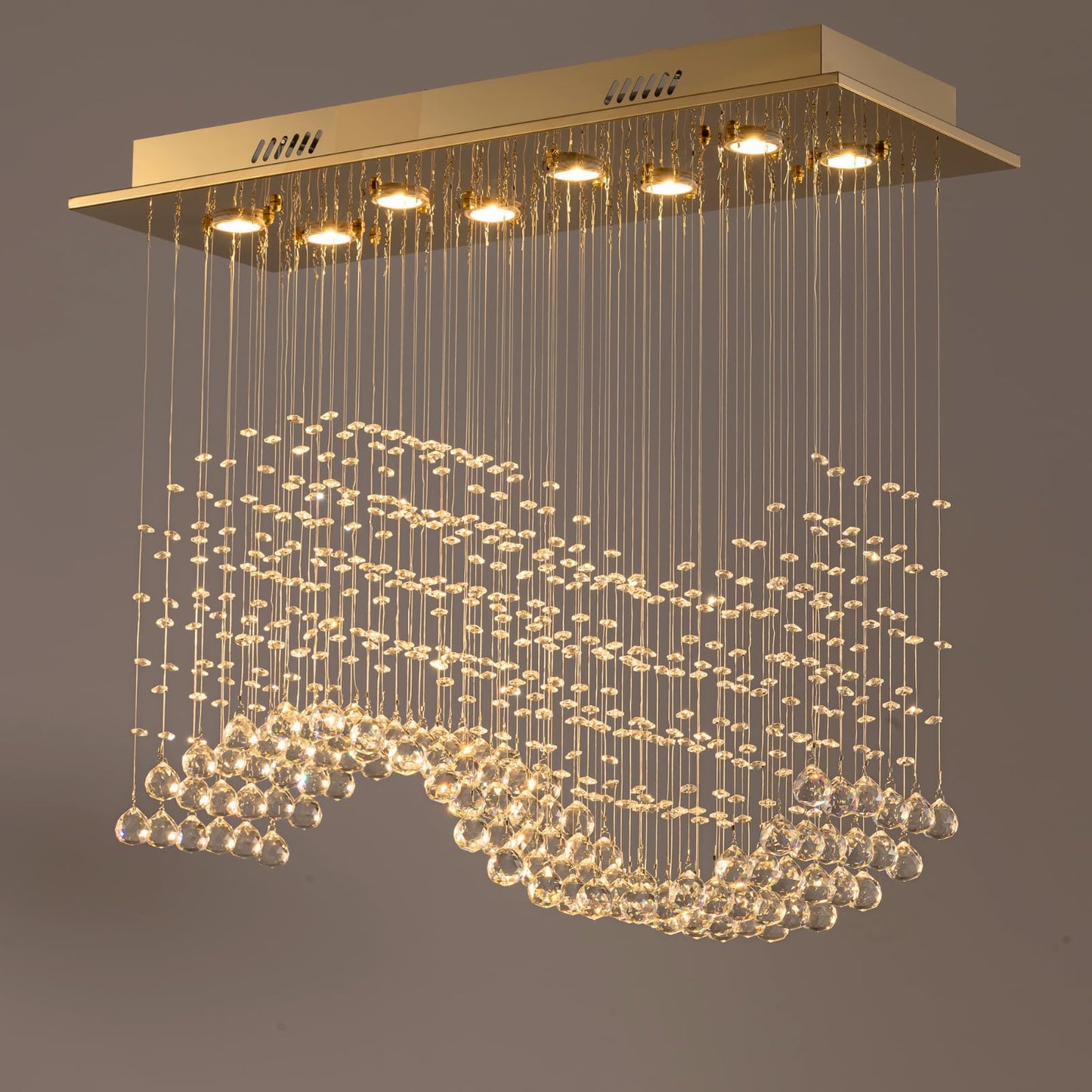 Siljoy Modern Crystal Chandelier Gold Rectangular Wave Raindrop Chandelier 8 Lights Rectangle Flush Mount Ceiling Light Pendant Light Fixture for Dining Room Living Room Kitchen Island L31.5''