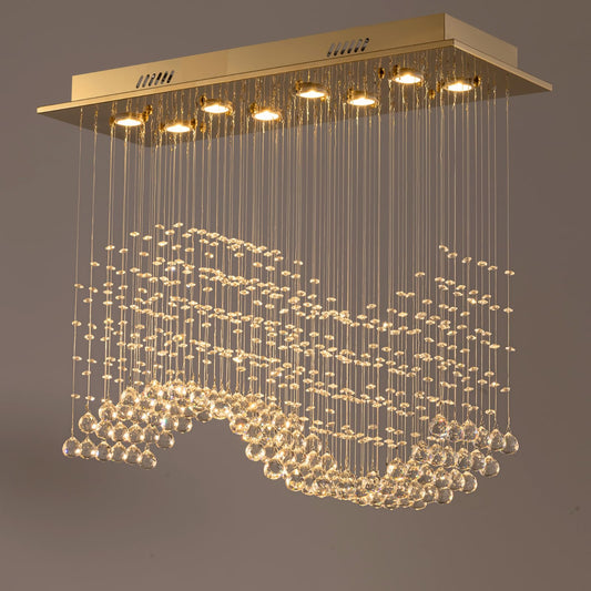 Siljoy Modern Crystal Chandelier Gold Rectangular Wave Raindrop Chandelier 8 Lights Rectangle Flush Mount Ceiling Light Pendant Light Fixture for Dining Room Living Room Kitchen Island L31.5''