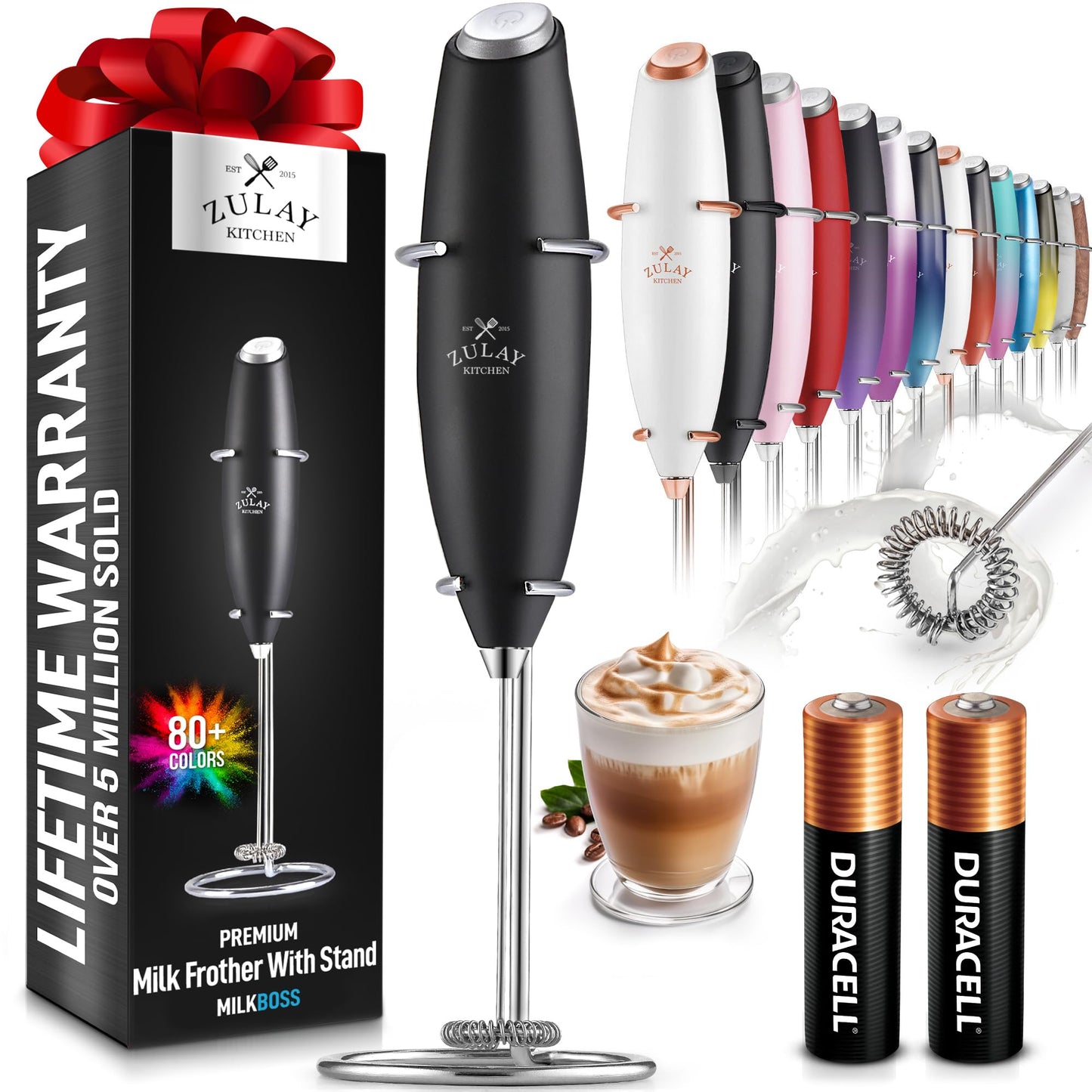 Zulay Kitchen Powerful Milk Frother Wand With 2 Duracell Batteries - Ultra Fast Handheld Drink Mixer - Electric Whisk Foam Maker for Coffee, Lattes, Cappuccino, Matcha, Hot Chocolate & Creamer - Black