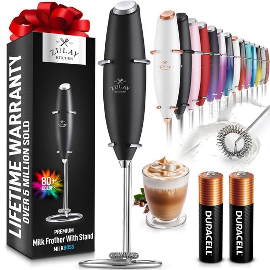 Zulay Kitchen Powerful Milk Frother Wand With 2 Duracell Batteries - Ultra Fast Handheld Drink Mixer - Electric Whisk Foam Maker for Coffee, Lattes, Cappuccino, Matcha, Hot Chocolate & Creamer - Black