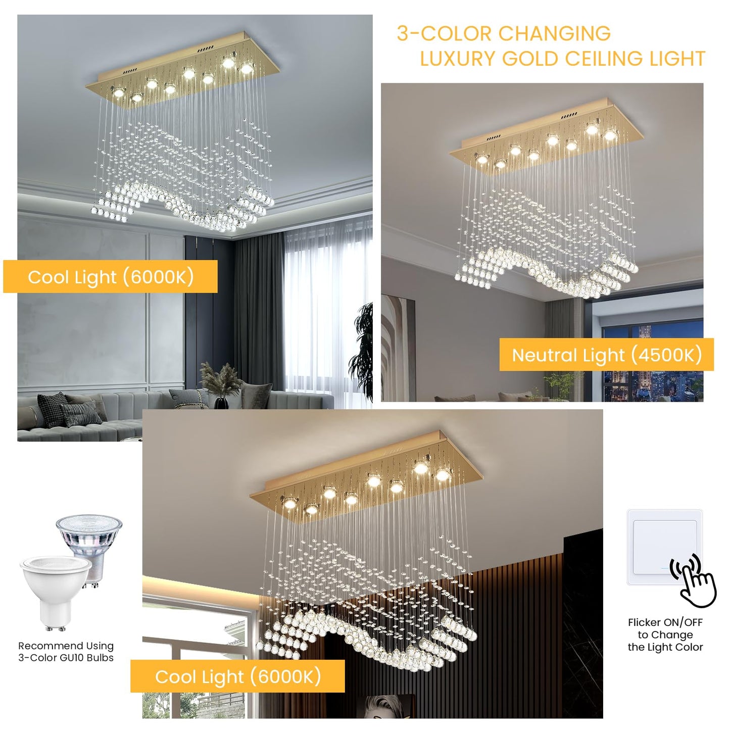 Siljoy Modern Crystal Chandelier Gold Rectangular Wave Raindrop Chandelier 8 Lights Rectangle Flush Mount Ceiling Light Pendant Light Fixture for Dining Room Living Room Kitchen Island L31.5''