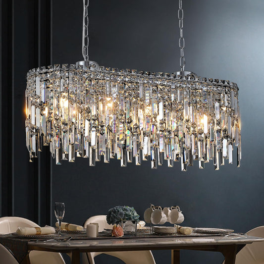 A AXILIXI Rectangular Crystal Chandelier for Dining Room Modern Chrome Chandelier Linear Rectangle Pendant Light Fixtures for Kitchen Island L33” K9 Luxury Long Chandelier for Living Room