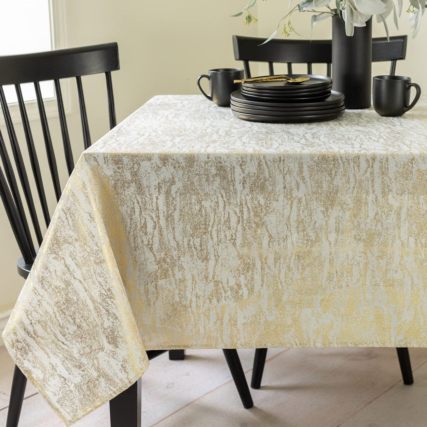 Benson Mills Metals Metallic Foil Printed Fabric Table Cloth, Holiday, Winter, and Christmas Tablecloth (60" x 84" Rectangular, Ivory-Gold)