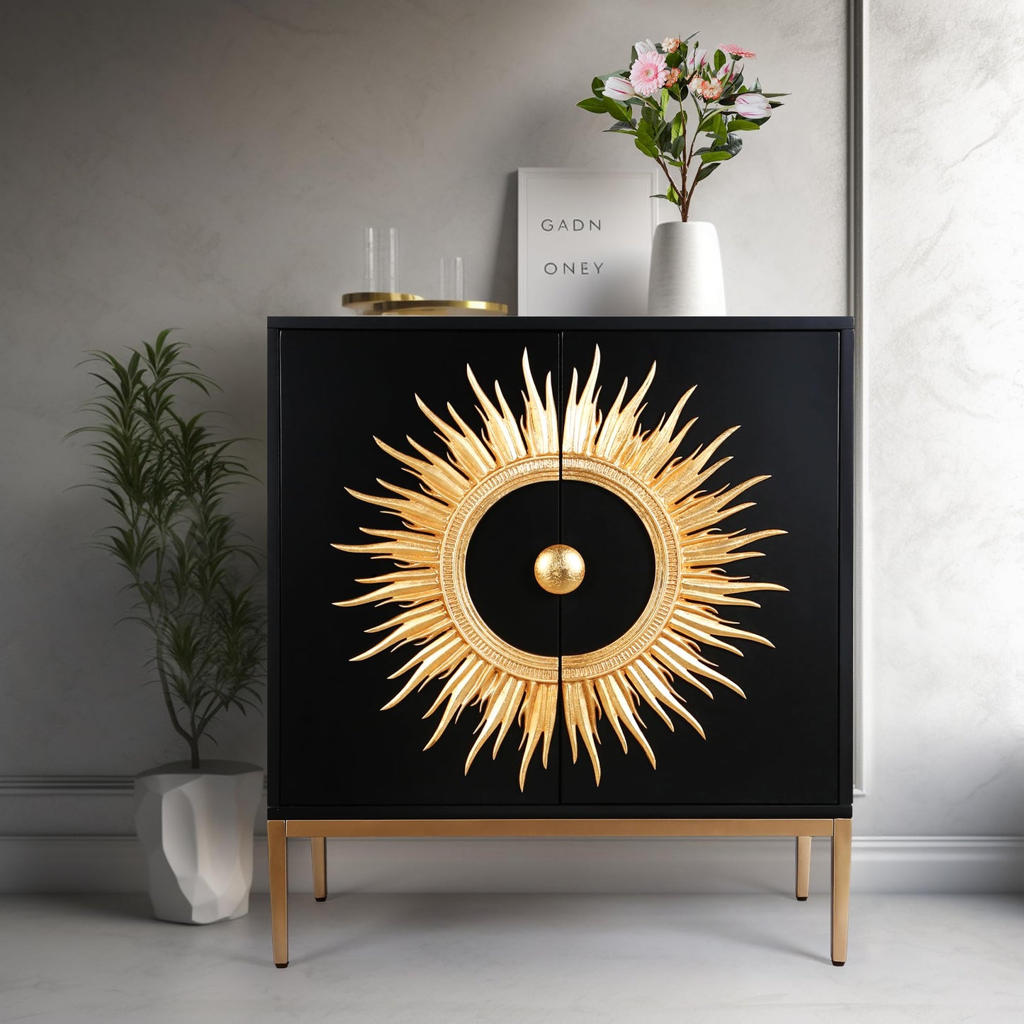 GEPOW Modern Black Sideboard Buffet Cabinet with Storage, Luxury Accent Cabinet with Gold Sunburst Design, Freestanding Chest with 2 Doors and Shelves for Living Room, Kitchen, Office or Entryway