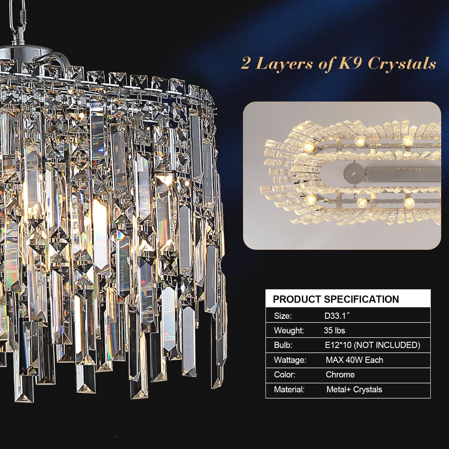 A AXILIXI Rectangular Crystal Chandelier for Dining Room Modern Chrome Chandelier Linear Rectangle Pendant Light Fixtures for Kitchen Island L33” K9 Luxury Long Chandelier for Living Room