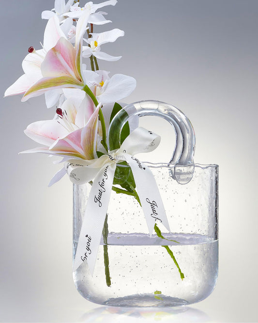 Glass Bag vase, Purse vase with Fish Bowl, Handbag Shape Flower vase - for Home Décor, enterpiece, Events, Office, Garden, Wedding (Transparent)