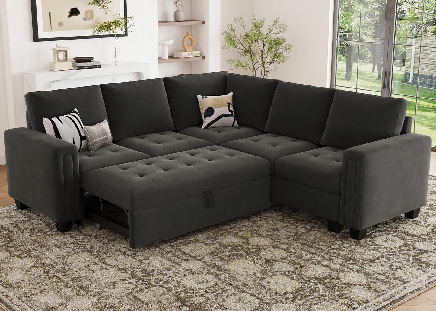 Belffin Modular Sectional Sleeper Sofa with Pull Out Couch Bed Velvet Convertible L Shaped Sectional Couch for Living Room Apartment Grey