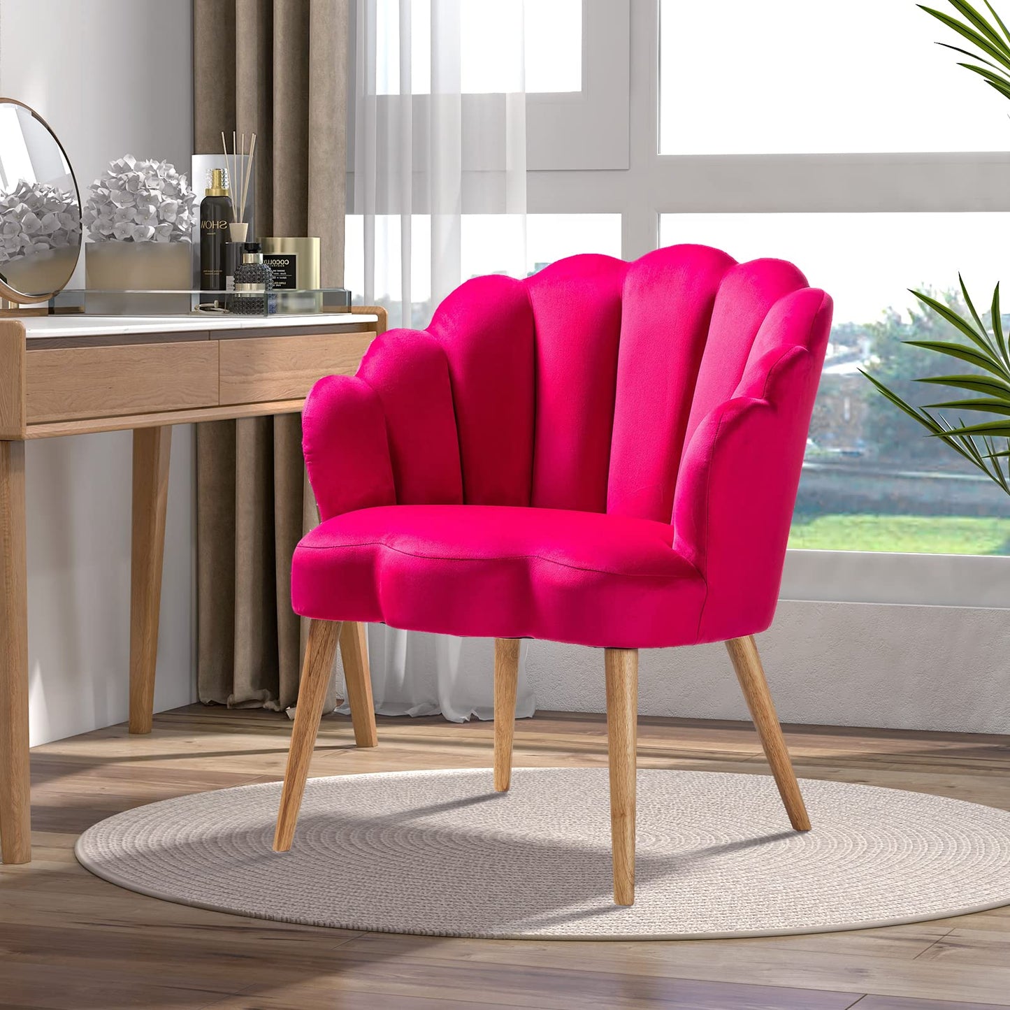 Accent Velvet Upholstered Living Room Chairs with Cute Scalloped Back & Golden Legs for Makeup Room/Bedroom, Modern Accent Armchair Lady's Cute Vanity Chair,Comfy Tufted Guest Chair (FUSHIA)