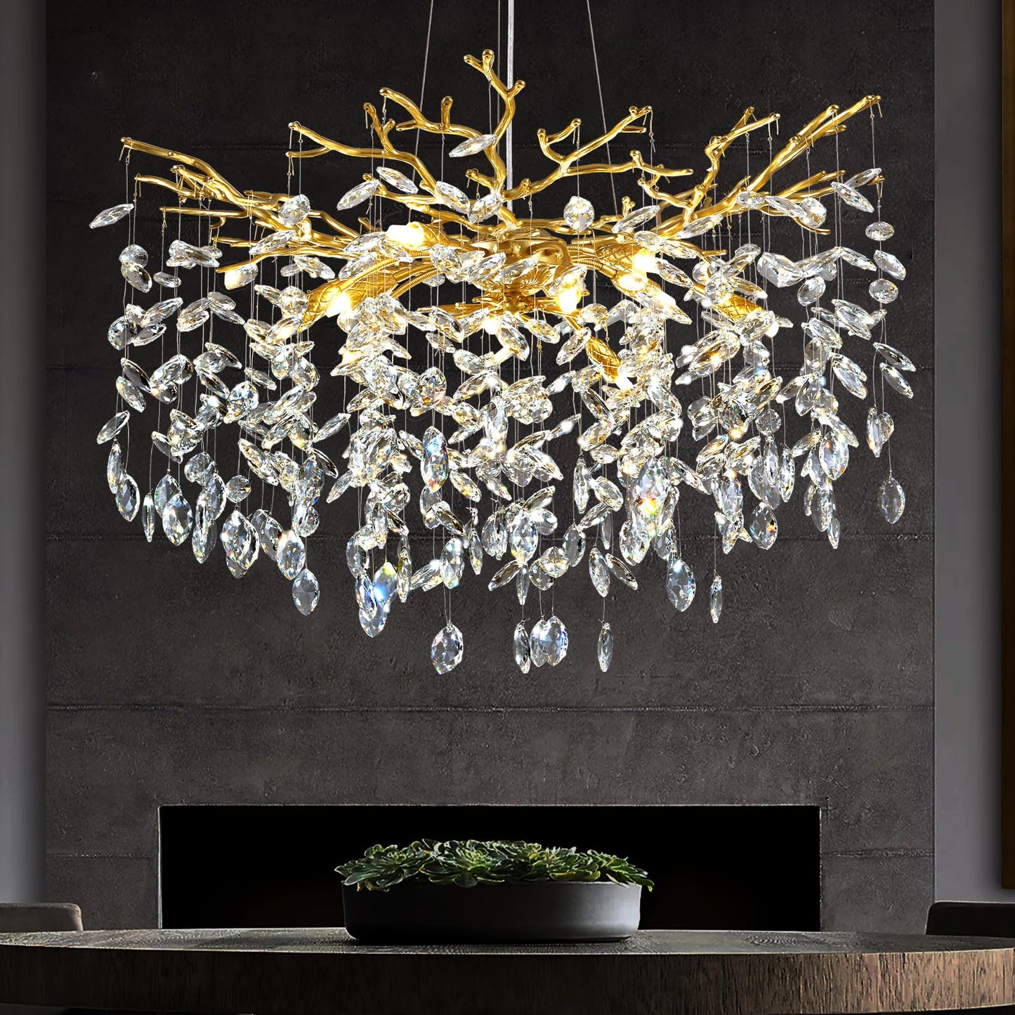 kvtinmty Modern Crystal Chandelier, 30" Chandeliers for Dining Room,Gold Tree Branches Chandelier Lighting, Round Dining Room Chandelier Over Table,Branches and Crystals Ceiling Light Fixtures