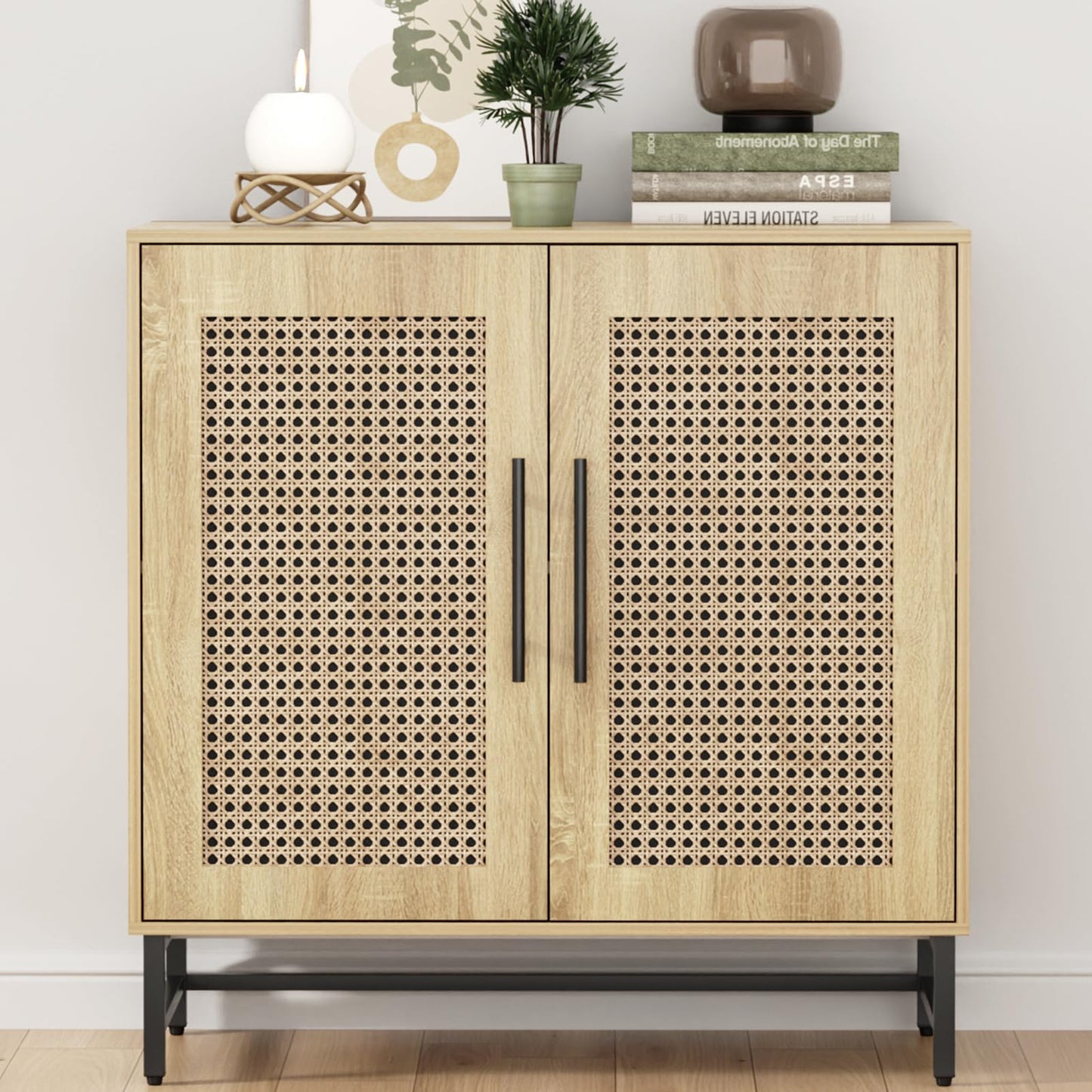 Vrullu Natural Rattan Storage Cabinet, Free Standing Buffet Cabinet, Morden Sideboard and Buffet Storage, Wood Accent Cabinet for Living Room, Hallway, Entryway, Bedroom (1, Rattan)