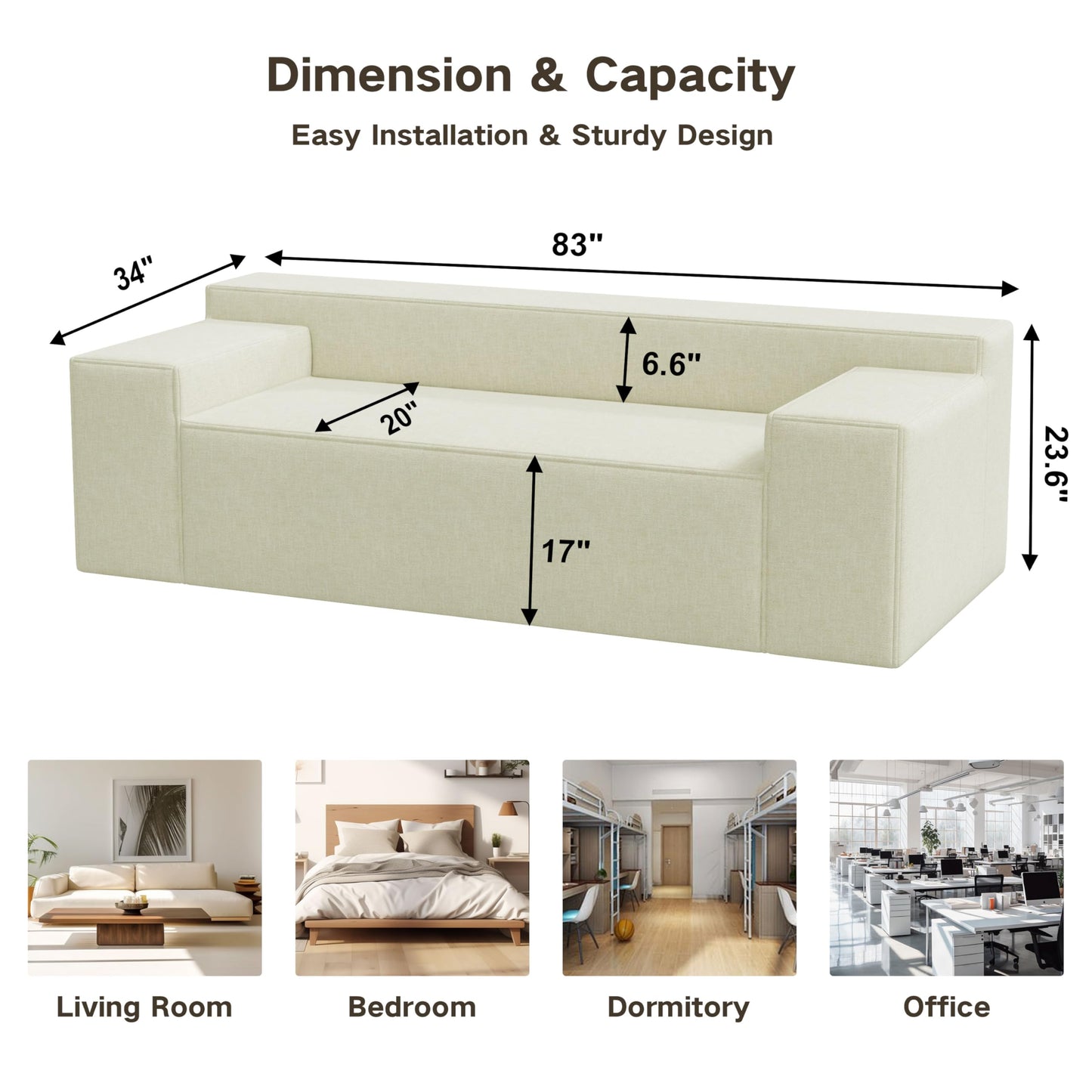 PurrJoys Modern 3-Seater Sofa, Hybrid Sofa in a Box, No Assembly Required, Comfy Sofa Couch with 3 Matching Pillows, Cat-Scratch Resistant Linen, Couch for Living Room or Bedroom, Beige