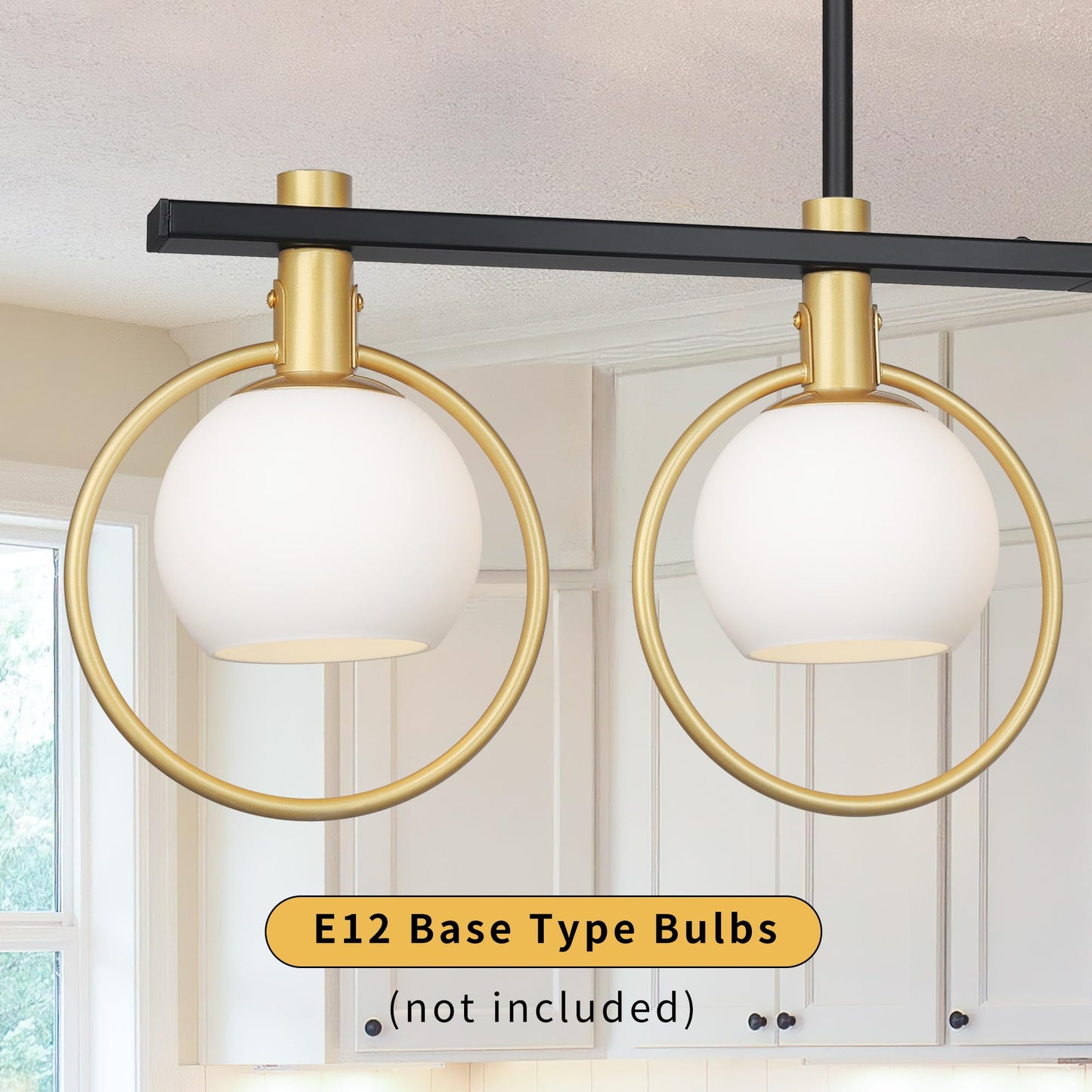 Kveosv Gold Black Chandelier Modern Dining Room Light Fixture 4-Light Kitchen Island Lighting Hanging for Farmhouse Linear Chandeliers Mid Century Chandelier with Milk Glass Globe Shade