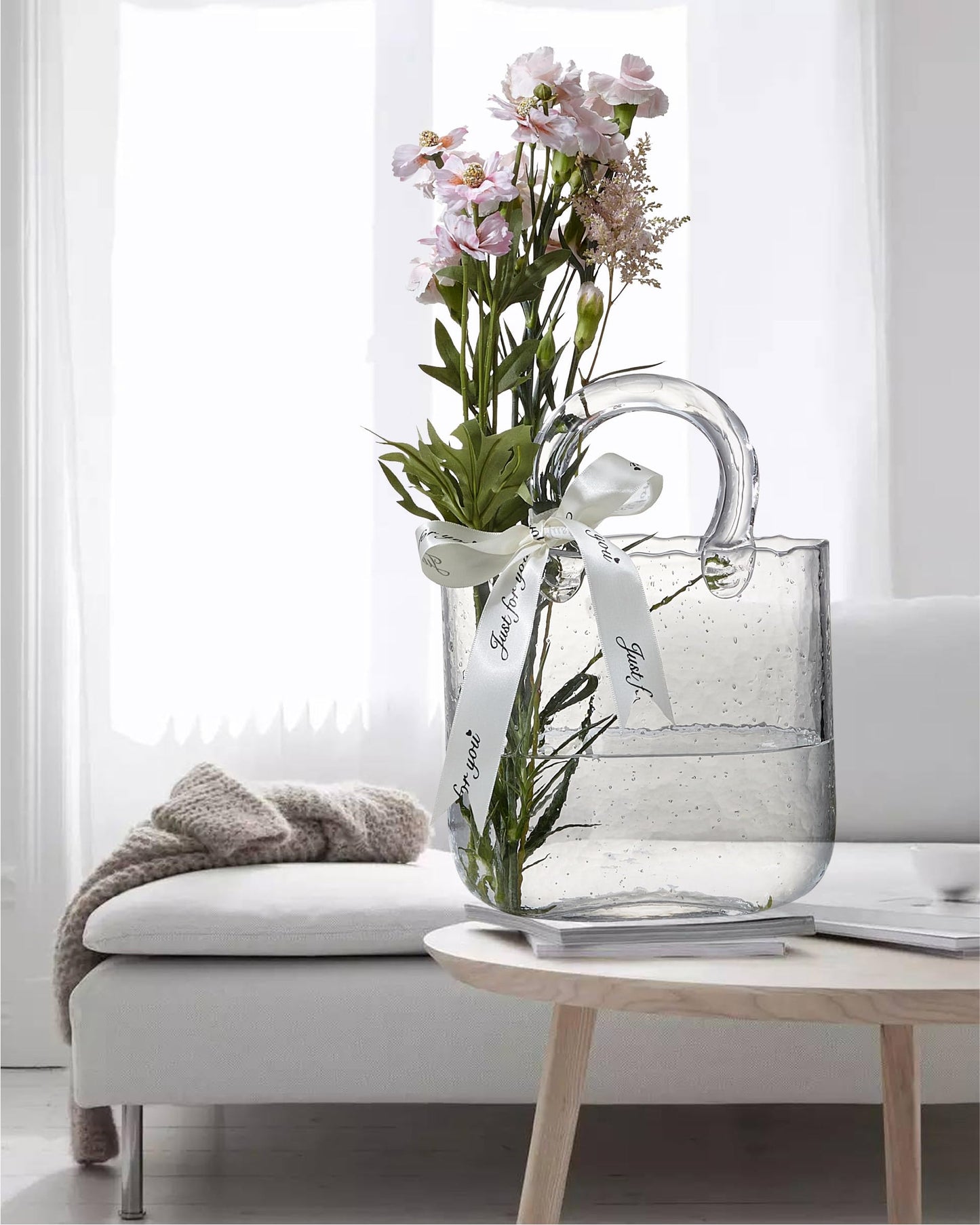 Glass Bag vase, Purse vase with Fish Bowl, Handbag Shape Flower vase - for Home Décor, enterpiece, Events, Office, Garden, Wedding (Transparent)