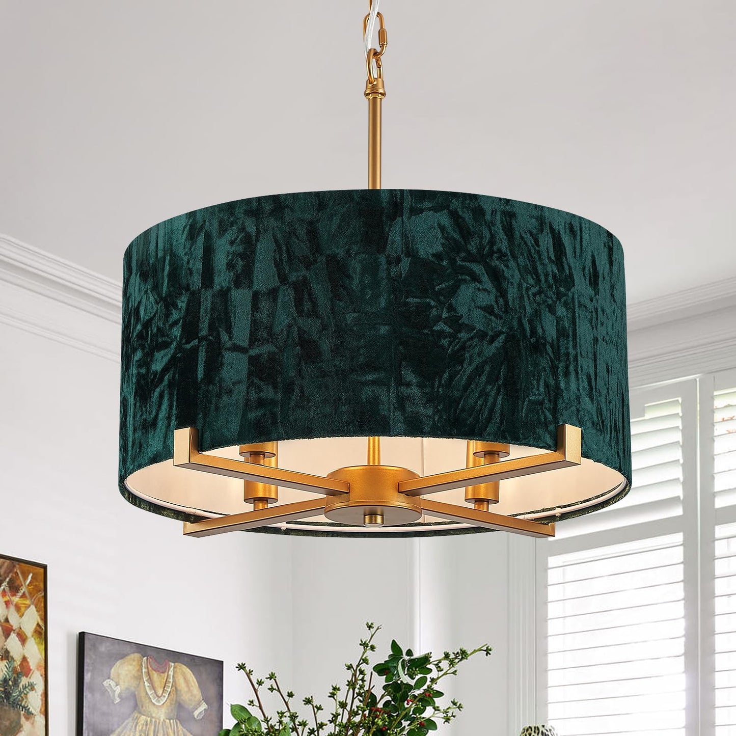 CATINER 4-Light Drum Pendant Chandelier Vintage Gold and Emerald Green 18” Round Pendant Light Fixture for Dining Room Velvet Fabric Shade Semi Flush Mount Chandelier for Entryway Living Room