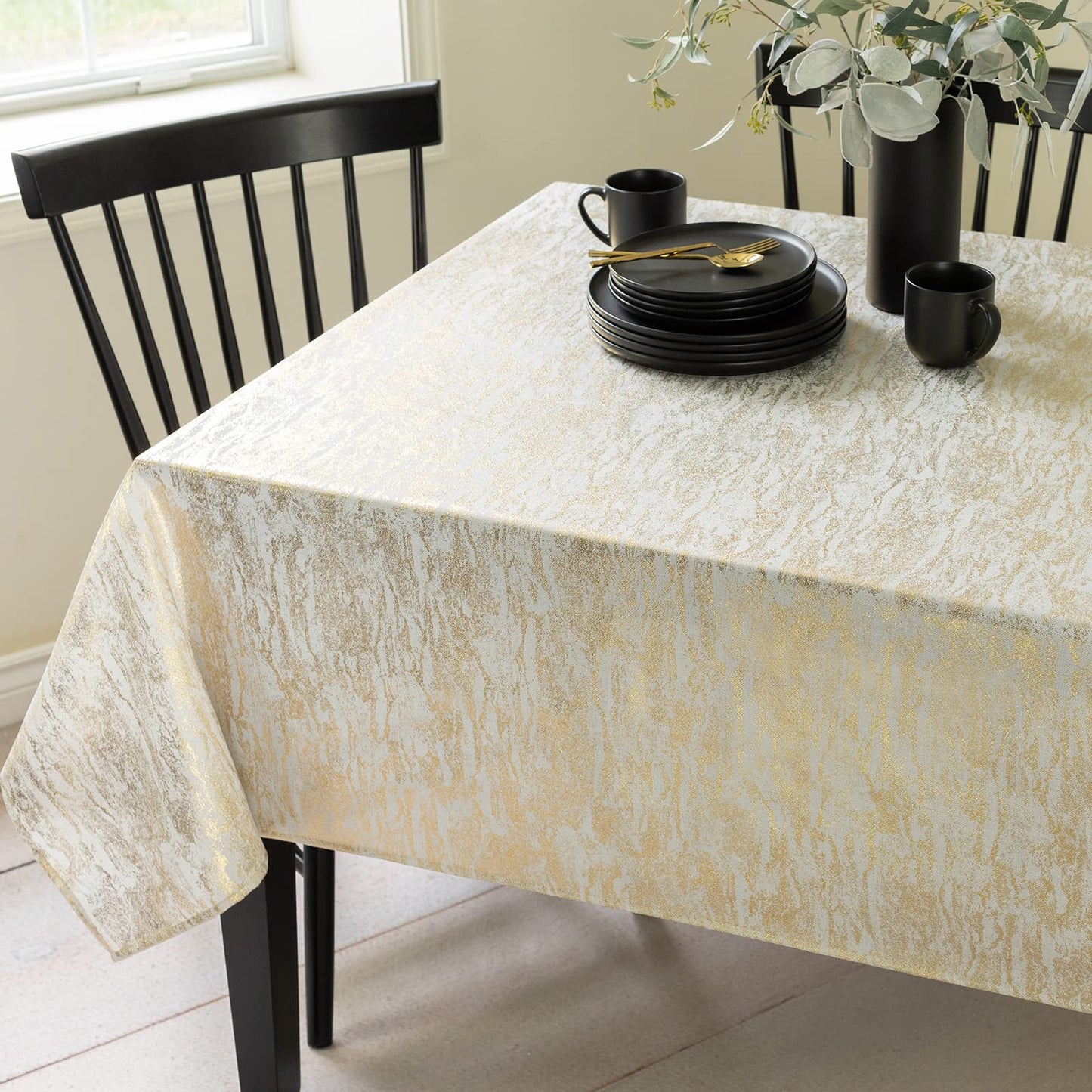 Benson Mills Metals Metallic Foil Printed Fabric Table Cloth, Holiday, Winter, and Christmas Tablecloth (60" x 84" Rectangular, Ivory-Gold)