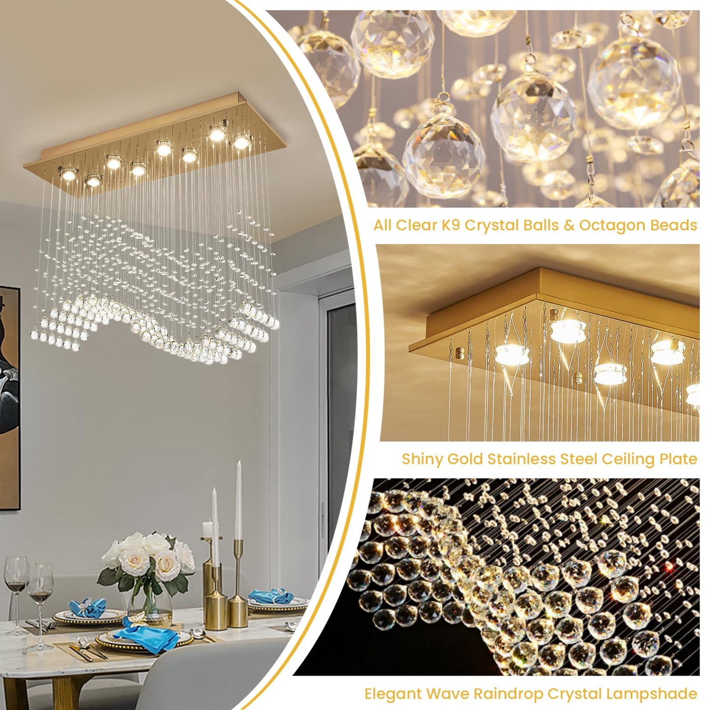 Siljoy Modern Crystal Chandelier Gold Rectangular Wave Raindrop Chandelier 8 Lights Rectangle Flush Mount Ceiling Light Pendant Light Fixture for Dining Room Living Room Kitchen Island L31.5''