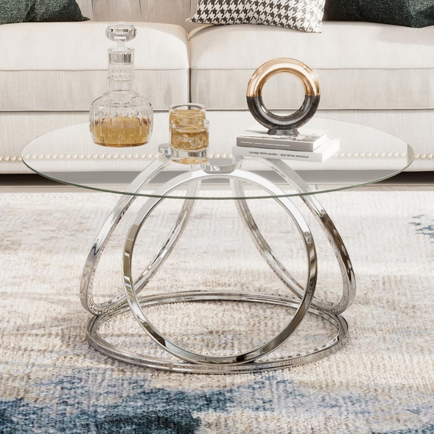 O&K FURNITURE Silver Coffee Table, Modern Glass Coffee Table Living Room Table with Ring-Shaped Frames, Glass Coffee Table for Home&Office, Chrome Finish, 1 PC