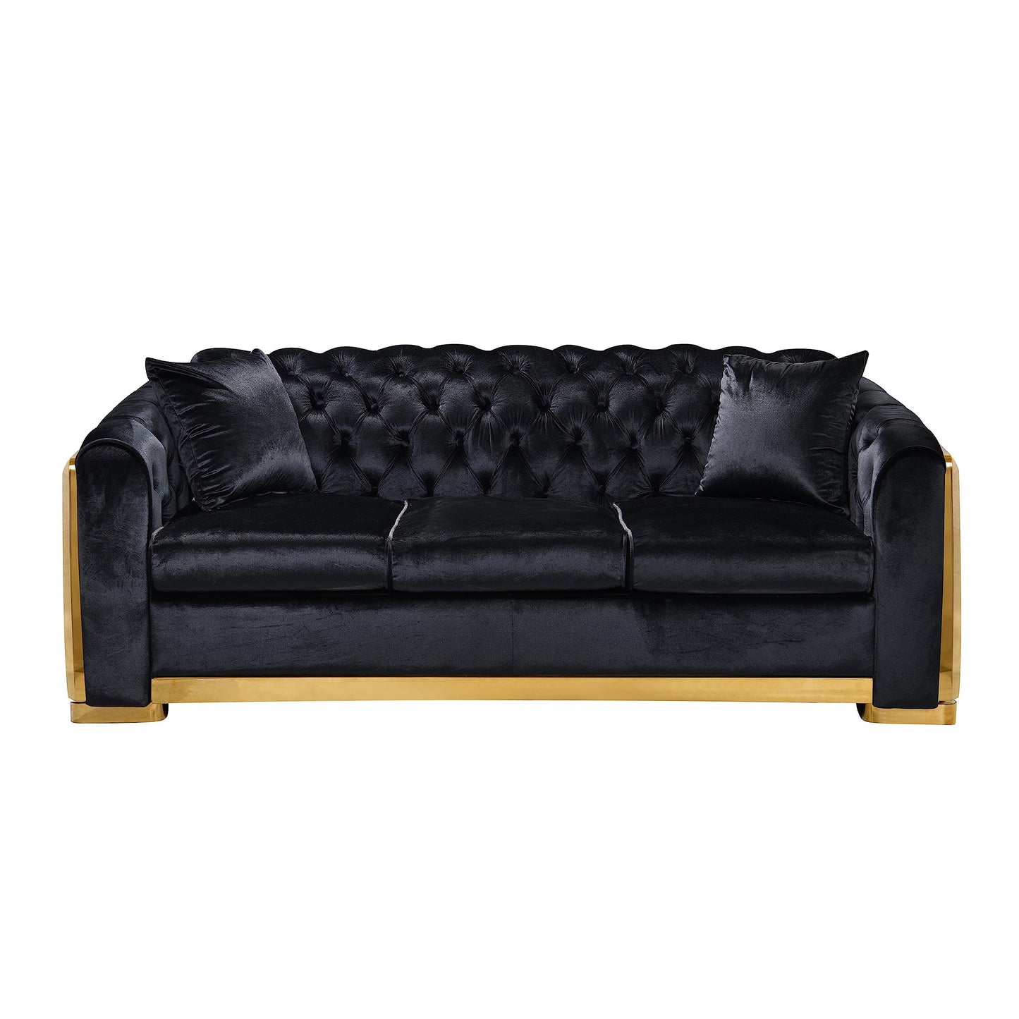 Velvet Luxury Chesterfield Sofa Set, 84 Inches Tufted 3 Seat Couch with Gold Stainless for Living Room, Black Fabric