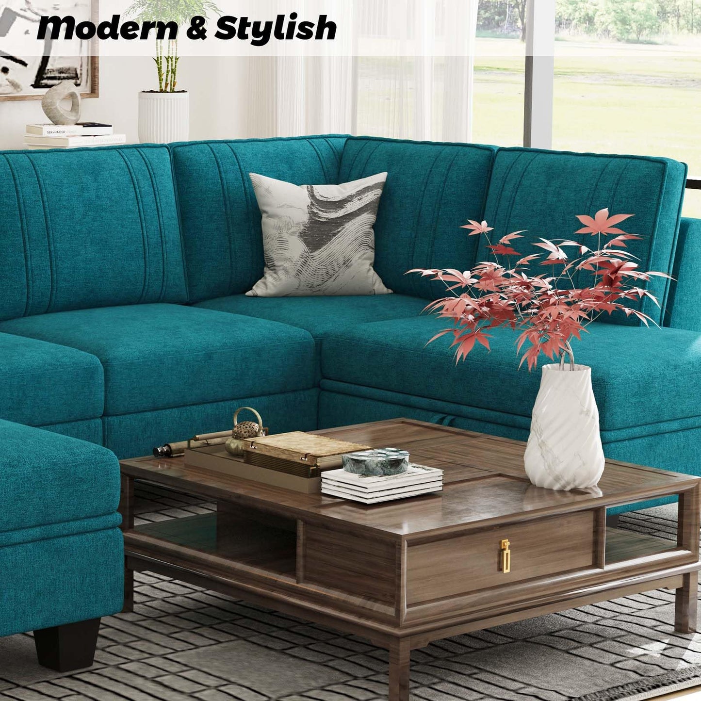 Belffin 4 Seater Sectional Sofa with Reversible Chaise, L Shaped Sofa Sectional Couch with Convertible Storage Ottoman Peacock Blue