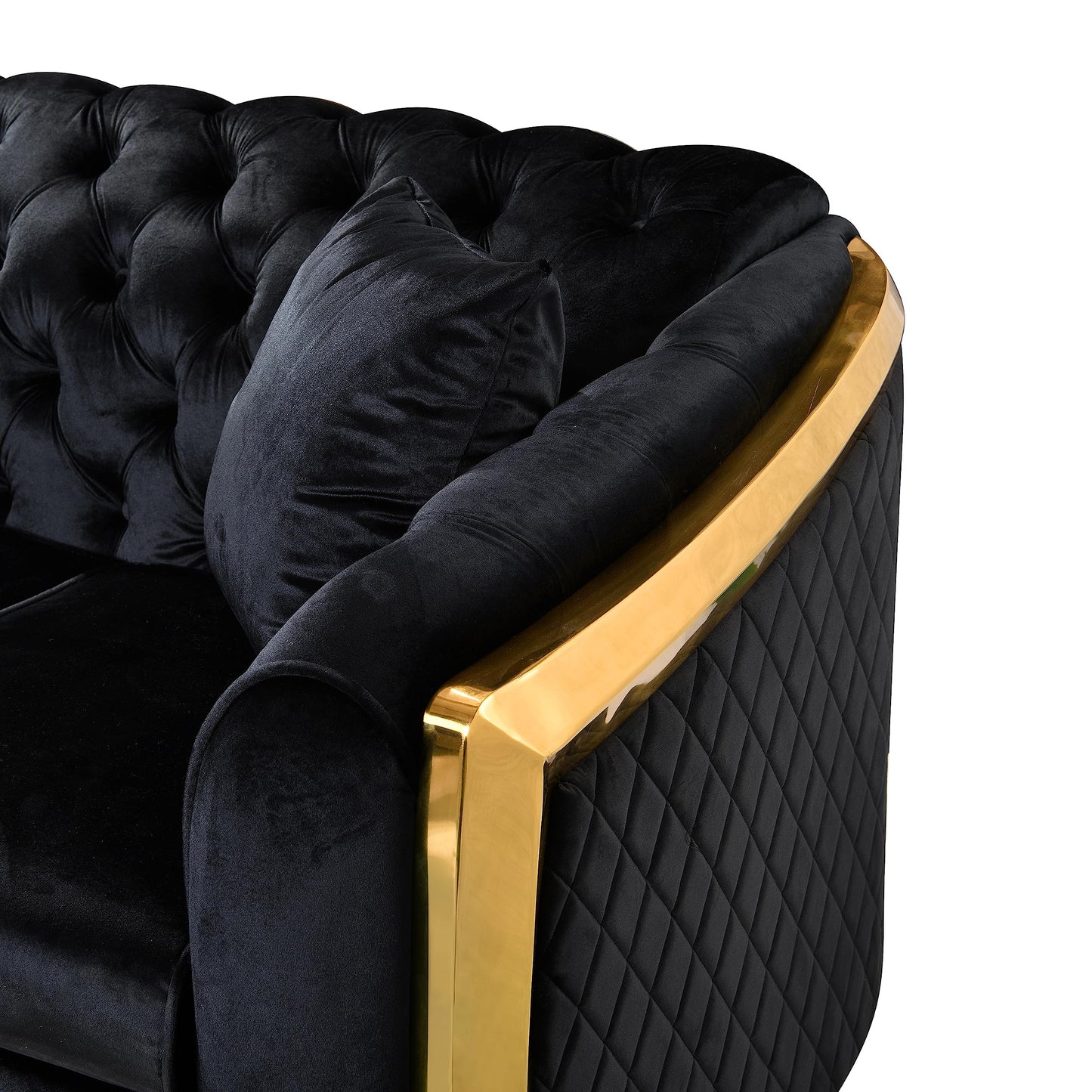 Velvet Luxury Chesterfield Sofa Set, 84 Inches Tufted 3 Seat Couch with Gold Stainless for Living Room, Black Fabric