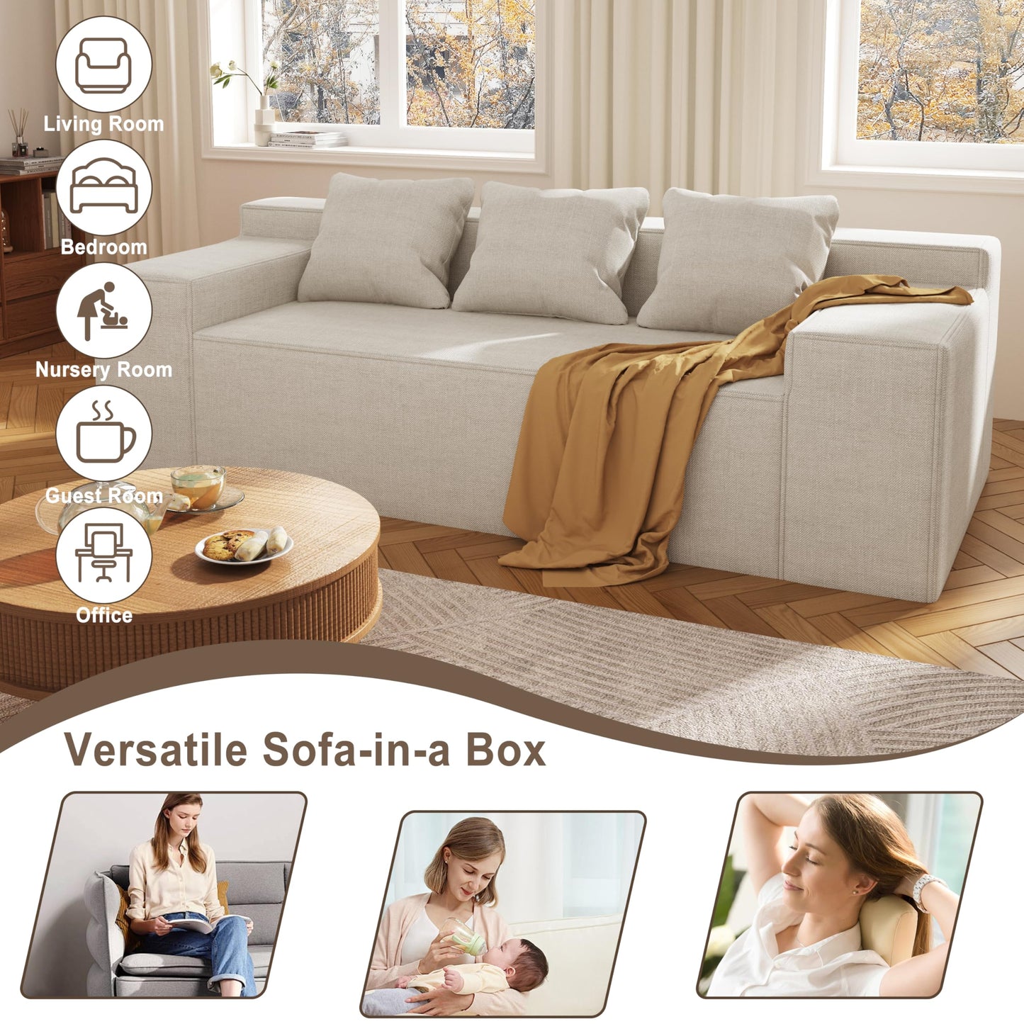 PurrJoys Modern 3-Seater Sofa, Hybrid Sofa in a Box, No Assembly Required, Comfy Sofa Couch with 3 Matching Pillows, Cat-Scratch Resistant Linen, Couch for Living Room or Bedroom, Beige