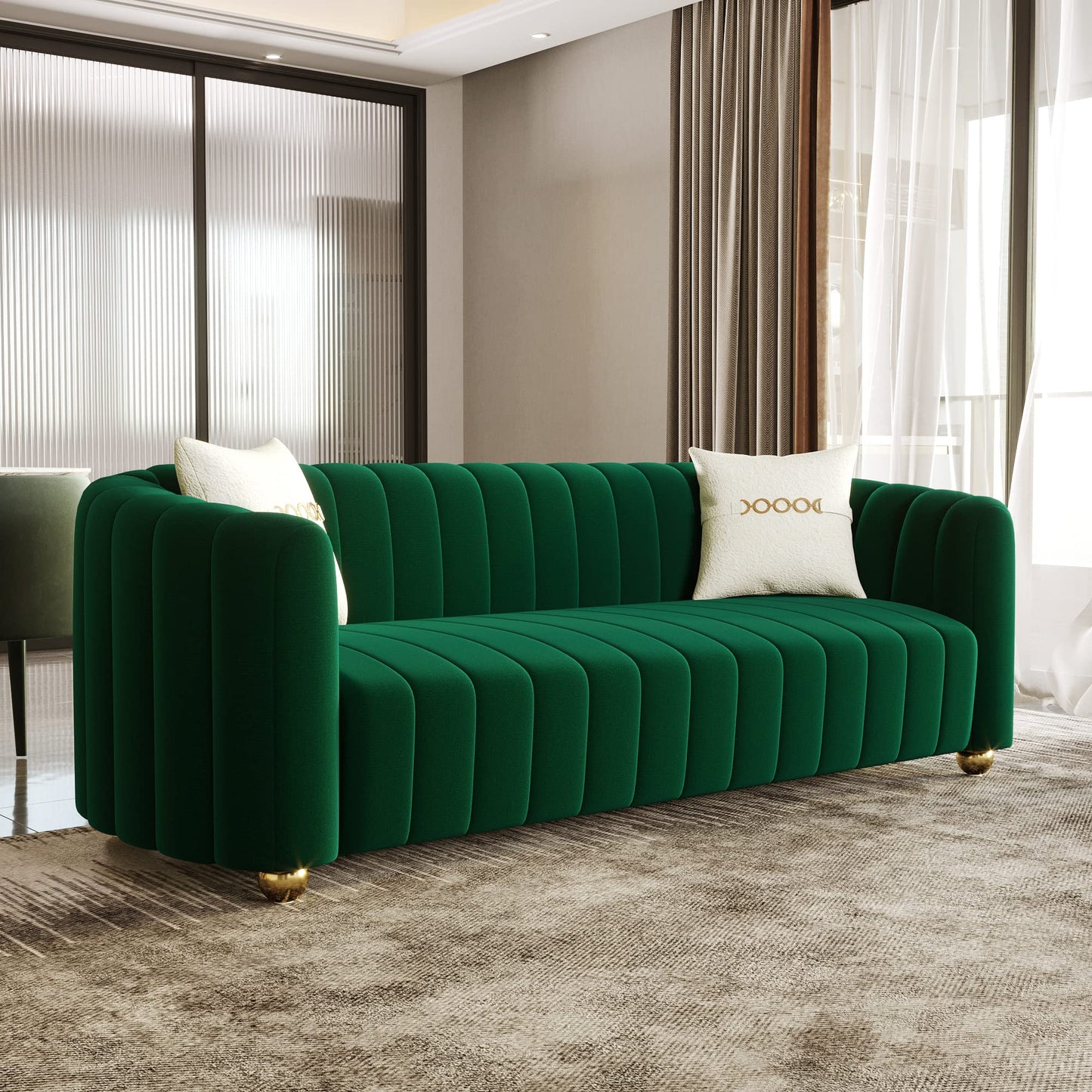 ANTTYBALE 83'' Velvet Sofa for Living Room Modern Couch 3-Seater Apartment Sofa with 2 Pillows & Golden Metal Legs (2PCS Green)