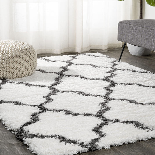 JONATHAN Y ALA100A-5 Marrakesh Shag Trellis with Tassels Indoor Area-Rug Bohemian Glam Easy-Cleaning High Traffic Bedroom Kitchen Living Room Non Shedding, 5 X 8, Ivory/Charcoal