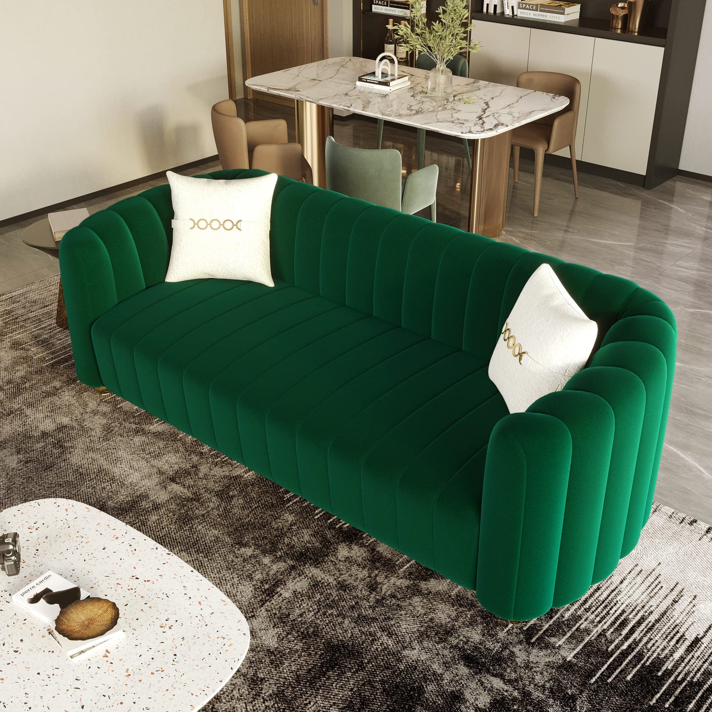 ANTTYBALE 83'' Velvet Sofa for Living Room Modern Couch 3-Seater Apartment Sofa with 2 Pillows & Golden Metal Legs (2PCS Green)