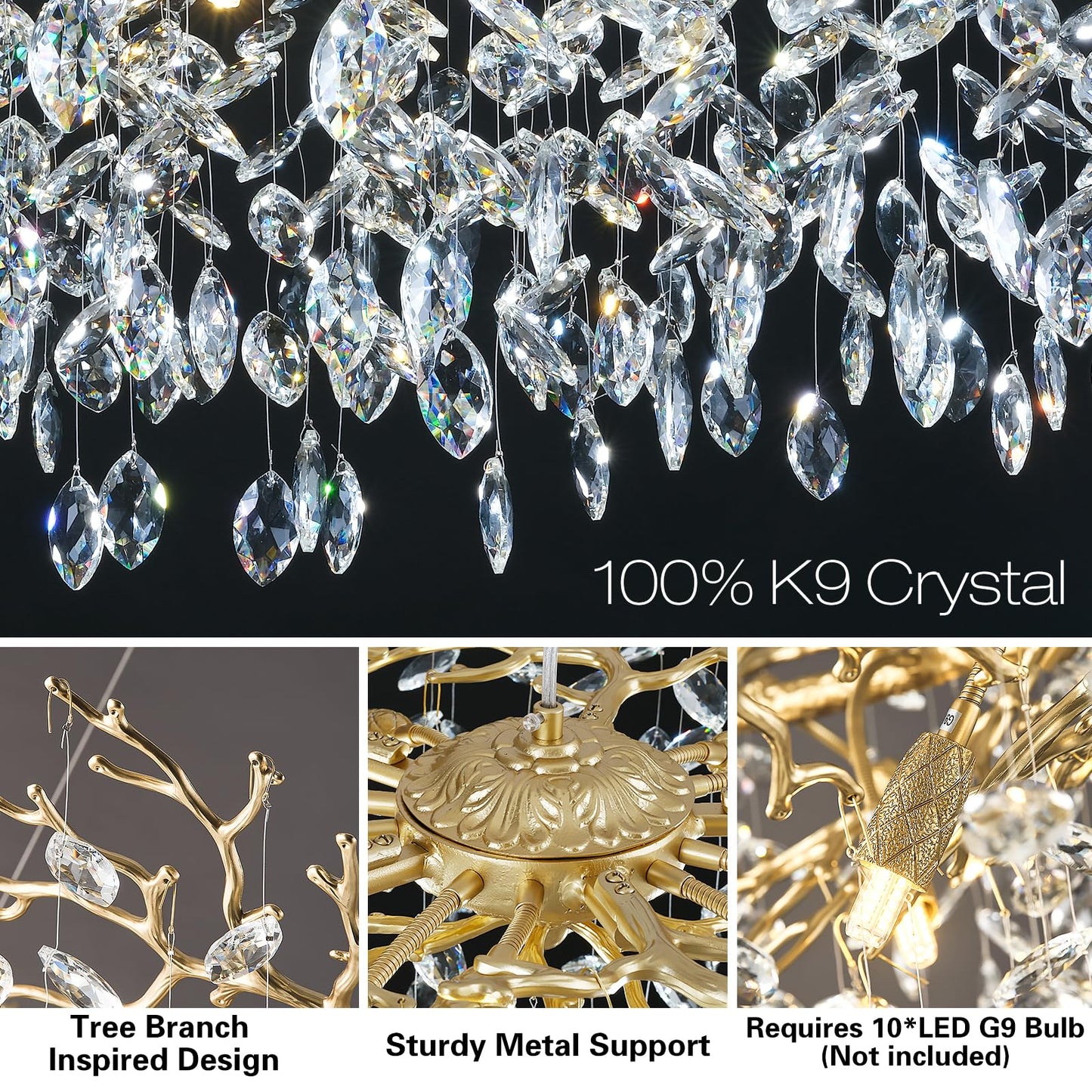 kvtinmty Modern Crystal Chandelier, 30" Chandeliers for Dining Room,Gold Tree Branches Chandelier Lighting, Round Dining Room Chandelier Over Table,Branches and Crystals Ceiling Light Fixtures