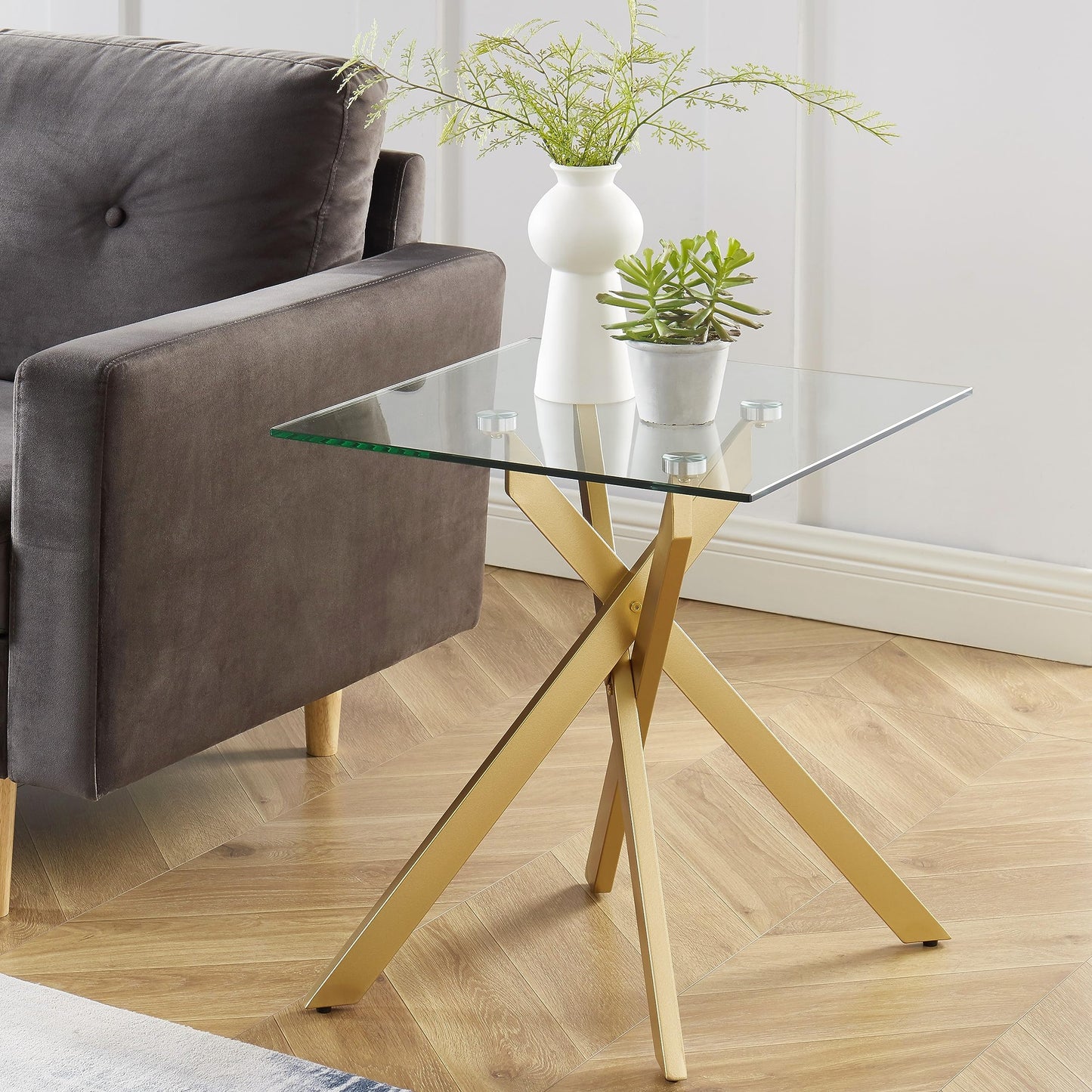 Modern Style Square Side Table with Tempered Glass Top and Metal Tubular Legs, Gold 20”Dx20”Wx22”H