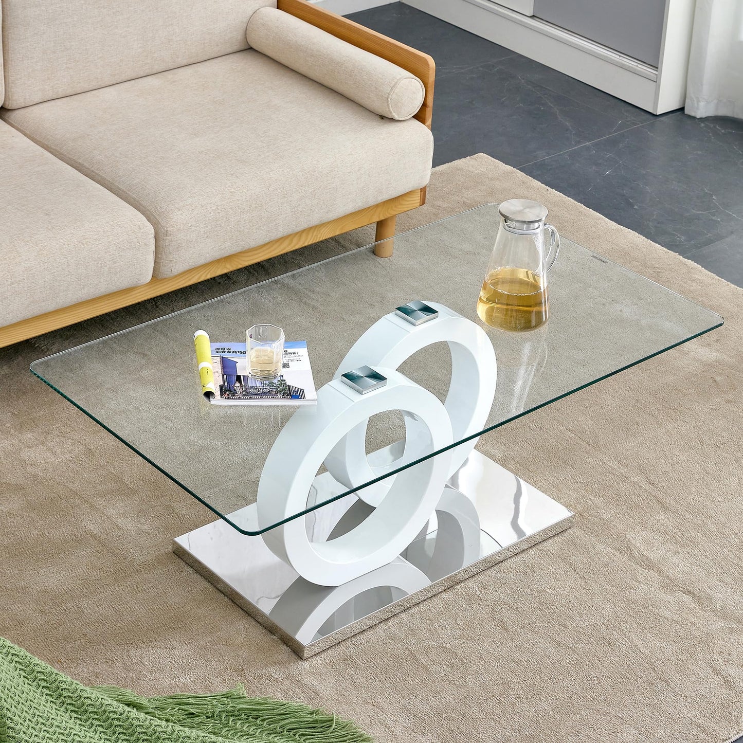 Btikita Glass Coffee Table, Modern Tempered Clear Coffee Tables Rectangular Center Tea Table with Wood Base for Living Room, Office (Style 1, White)